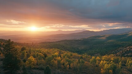 Poster - Sunset Landscape View from Mesa Road Overlooking Vibrant Mountains and Valley with Colorful Autumn Foliage Under Dramatic Sky
