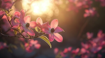 Poster - Delicate Pink Dogwood Flowers Illuminated by Soft Spring Light in a Serene Nature Setting