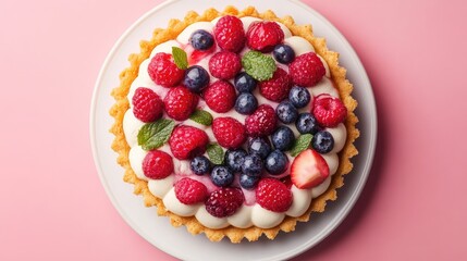 Poster - Overhead view of a colorful fruit tart topped with fresh berries and mint leaves on a light pink background