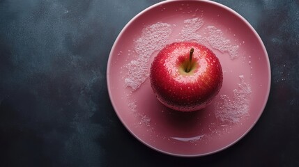 Poster - Overhead view of a fresh red apple on a pink plate with water droplets and sugar reflecting natural lighting on a dark background