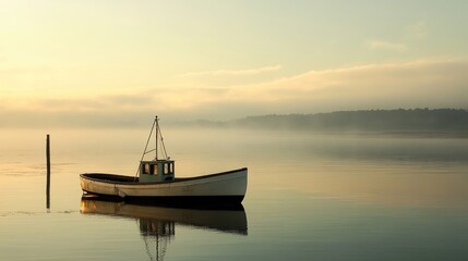 Poster - Serene oyster boat anchored in a tranquil bay at sunrise with misty reflections and soft pastel skies