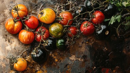 Poster - Colorful assortment of ripe heirloom tomatoes arranged on a textured rustic background showcasing their diverse shapes and colors.