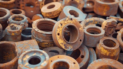 Poster - Closeup view of oxidized rusty metal parts showcasing texture color and wear in an industrial setting or scrap yard