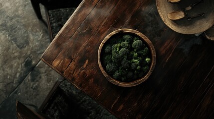 Aufkleber - Fresh organic broccoli in wooden bowl on a rustic table capturing a healthy and natural food lifestyle concept.