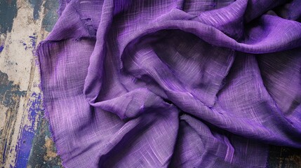 Aufkleber - Overhead view of textured purple fabric draped elegantly on a rustic wooden table with natural lighting