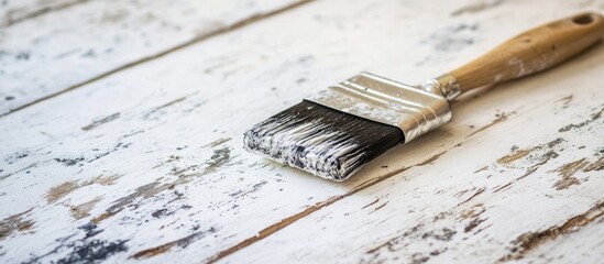 Poster - Paint brush and paint roller on a weathered tabletop symbolizing ongoing restoration project and creative home improvement efforts