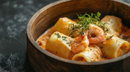 Poster - Delicious paccheri pasta with prawn sauce garnished with herbs in a rustic wooden bowl on a dark textured background