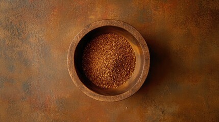 Poster - Overhead view of aromatic spice in a rustic wooden bowl atop a textured brown surface for culinary and creative uses