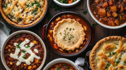 Poster - Overhead view of assorted hearty stews and casseroles with a pie crust centerpiece on a rustic wooden table