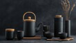 © pngking - Elegant Oolong tea set with teapot cups and flask styled on a dark summer background showcasing minimalistic design and natural elements