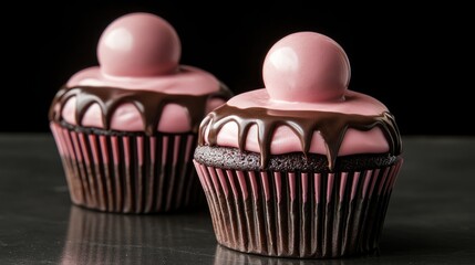 Poster - Pink cupcakes with chocolate drizzle topped with a glossy pink chocolate ball creating an elegant dessert display against a dark background.