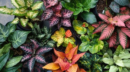 Poster - Variety of Colorful Potted Plants in Overhead View Showcasing Diverse Foliage and Patterns Ideal for Gardening and Home Decor Imagery