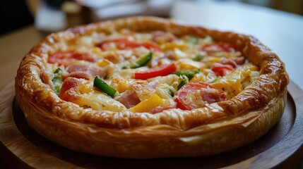Poster - Delicious Pacanga pastry topped with phyllo, fresh vegetables, cheddar cheese, and savory pastrami on a wooden serving platter.
