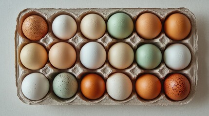 Aufkleber - Overhead view of assorted colorful eggs arranged in a paper carton on a neutral background showcasing vibrant hues and natural textures