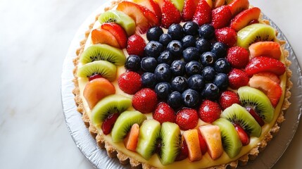 Poster - Colorful fruit tart topped with fresh strawberries, blueberries, kiwi slices, and melons arranged in a beautiful circular pattern on a marble surface.