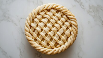 Poster - Overhead view of beautifully braided lattice crust pie on marble countertop ready for baking