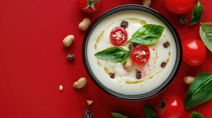 Poster - Overhead view of creamy cheese dish garnished with fresh basil cherry tomatoes peanuts and truffles on vibrant red background