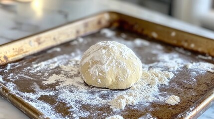 Fototapete - Overhead view of a flour-dusted dough ball resting on a baking sheet in a home kitchen setting