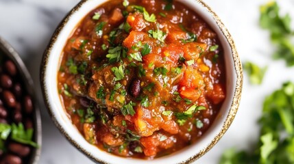 Aufkleber - Overhead view of fresh tomato salsa with black beans garnished with herbs in a rustic bowl on a marble countertop