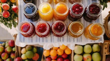 Aufkleber - Overhead view of colorful preserve jars arranged on a striped tea towel with fresh fruits in a sunny outdoor setting