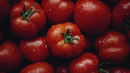 Poster - Overhead view of fresh red tomatoes glistening with water droplets showcasing their vibrant color and natural freshness