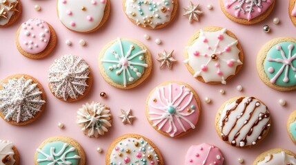 Poster - Colorful decorated cookies arranged on a pastel pink background creating a delightful festive pattern for dessert promotion and baking inspiration.