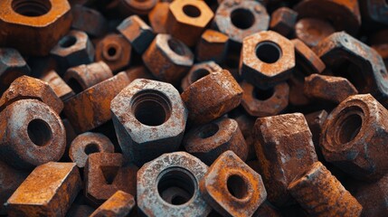 Poster - Closeup of oxidized rusty metal nuts and bolts showcasing textures and decay in a cluttered composition