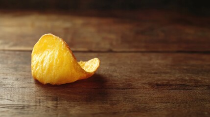 Poster - Single golden potato chip on a rustic wooden table highlighting texture and simplicity of popular snack food artistry.