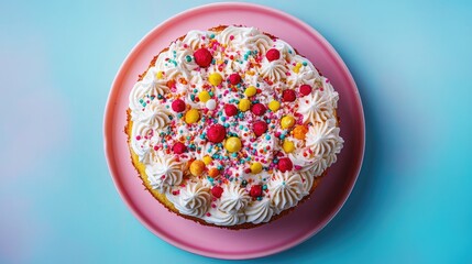 Aufkleber - Colorful celebration cake with sprinkles and whipped cream on a pastel plate, overhead view showcasing vibrant dessert decorations.