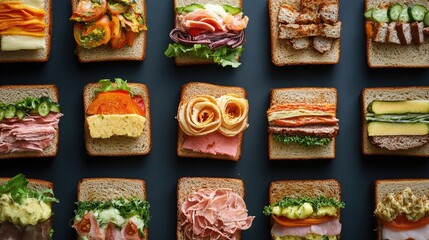 Poster - Diverse assortment of gourmet sandwiches arranged neatly on a dark surface showcasing vibrant ingredients and textures in an overhead view.