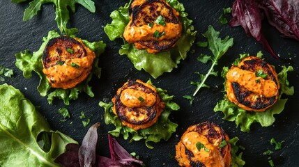 Aufkleber - Overhead view of grilled vegetables garnished with sauce on fresh greens on a dark surface