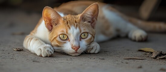 Aufkleber - Close up portrait of a red and white cat resting on the ground highlighting its expressive eyes and charming personality traits