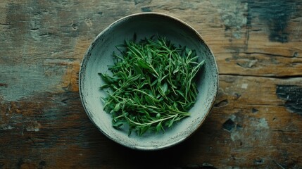 Poster - Overhead view of fresh herbs in a rustic bowl on a wooden table creating an organic culinary ambiance for food photography