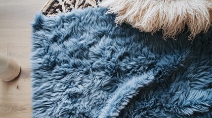 Poster - Cozy overhead view of a plush blue blanket draped over a textured rug on a wooden floor setting