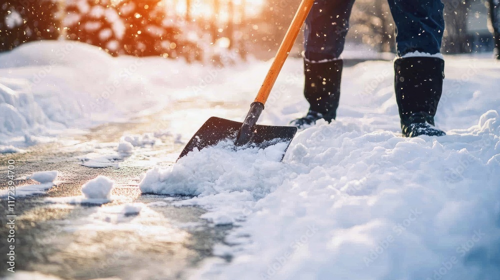 Man shoveling snow from driveway during winter storm preparing for ...