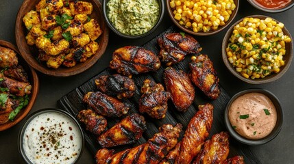 Poster - Grilled chicken wings served with sweet corn and various dips on a rustic table setting