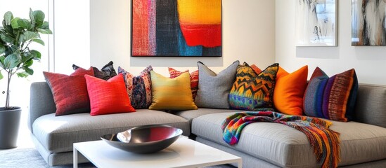 Poster - Stylish living room with cozy grey couch brightened by colorful cushions soft blanket and modern coffee table featuring vibrant wall art