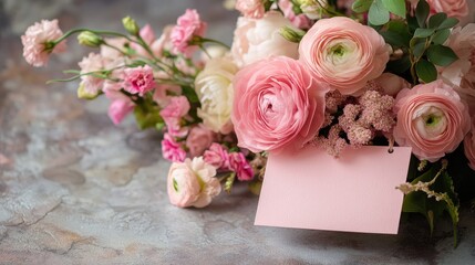 Poster - Elegant pink floral bouquet with a blank tag on a textured background ideal for card design or stationery concepts.