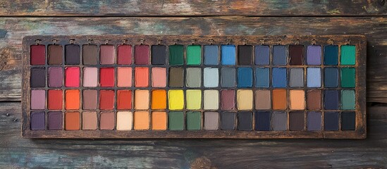 Poster - Colorful artist palette with assorted paints and swatches on rustic wooden table ideal for creative projects and DIY crafts