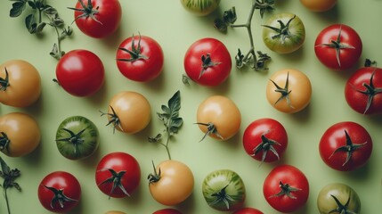 Poster - Overhead view of a colorful assortment of ripe tomatoes arranged on a green background showcasing freshness and diversity in produce.