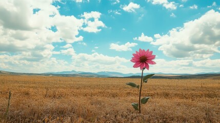 Poster - Lone pink dahlia flower standing tall in a golden wheat field under a vibrant blue sky with fluffy clouds.