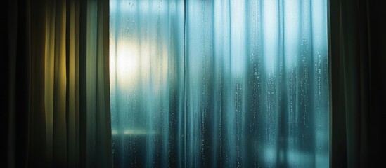 Poster - Illuminated glass of fresh water on a table with soft light streaming through sheer curtains in a darkened room creating a calm ambiance