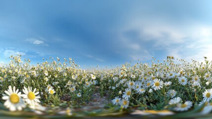 Poster - 360 Degree Panorama of Chamomile Field with Blurred Sky and Nature Sounds Invoking Harmony and Serenity in High Resolution