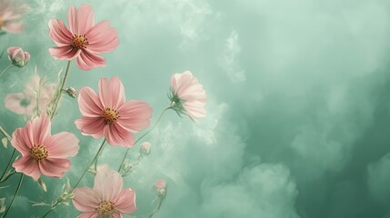 Poster - Delicate Pink Cosmos Flowers Against a Soft Green Background with Dreamy Light Effects