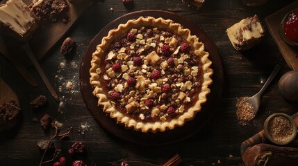 Poster - Overhead view of a beautifully arranged pie surrounded by rustic ingredients and decorations on a dark wooden surface