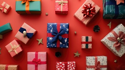 Poster - Colorful array of beautifully wrapped gifts and presents arranged on a vibrant red background with decorative elements and embellishments
