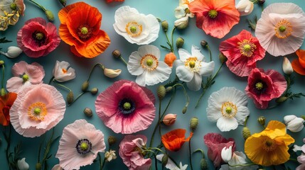 Poster - Overhead view of vibrant poppy flowers and buds on blue background ideal for showcasing products in advertisements or design projects