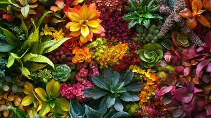 Poster - Diverse assortment of vibrant succulents and plants arranged beautifully in a flat lay composition for nature and decor themes