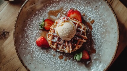Poster - Overhead view of delicious waffles topped with ice cream and fresh strawberries served on an elegant plate