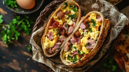Poster - Delicious overhead view of a loaded breakfast burrito with ham eggs cheese and bacon served in a rustic basket on a wooden table